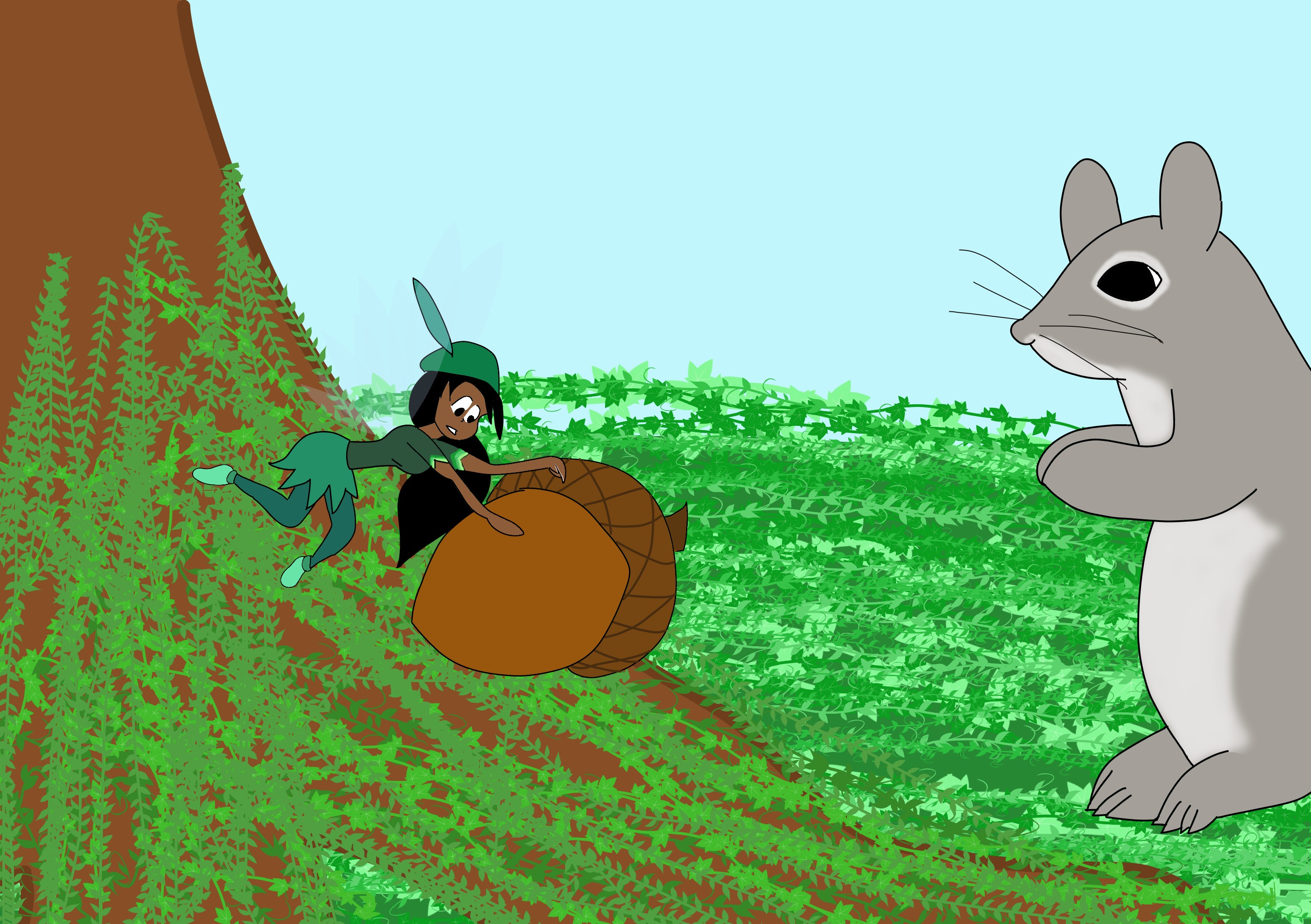 Daylily rolls a brown acorn to a grey squirrel.jpg